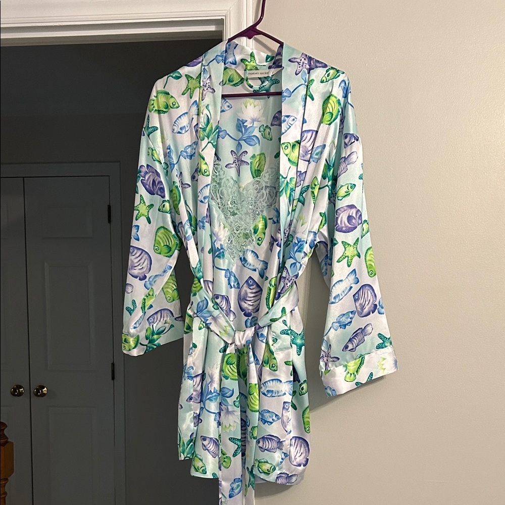 Victoria's Secret Seafoam Green & Lavender Seashell Lace-Trim Robe Set